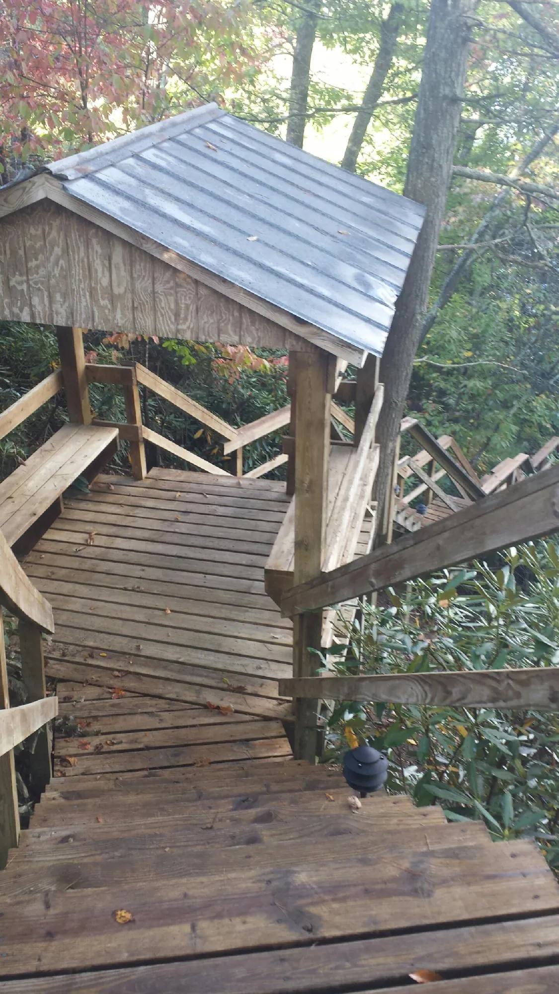 Metal roofed shelter over wooden steps on a wooded walkway — Skylight Repair & Installation work by our crew in Garrett Park